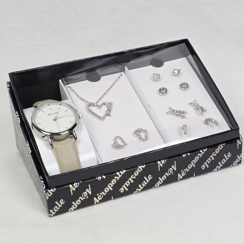 Aeropostale Watch Jewelry Set Necklace Earrings Silver Tone Heart